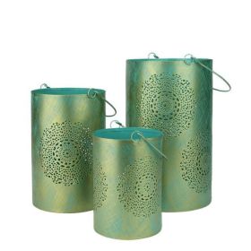 Set of 3 Turquoise Blue and Gold Decorative Floral Cut-Out Pillar Candle Lanterns 10"
